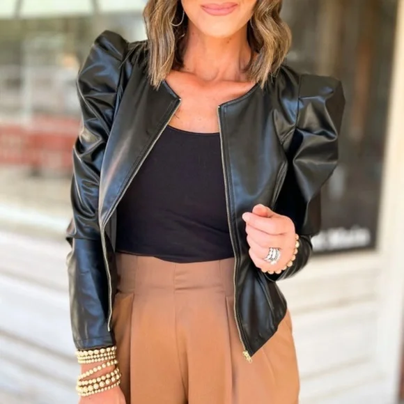 Black Faux Leather Puff Sleeve Bomber Jacket